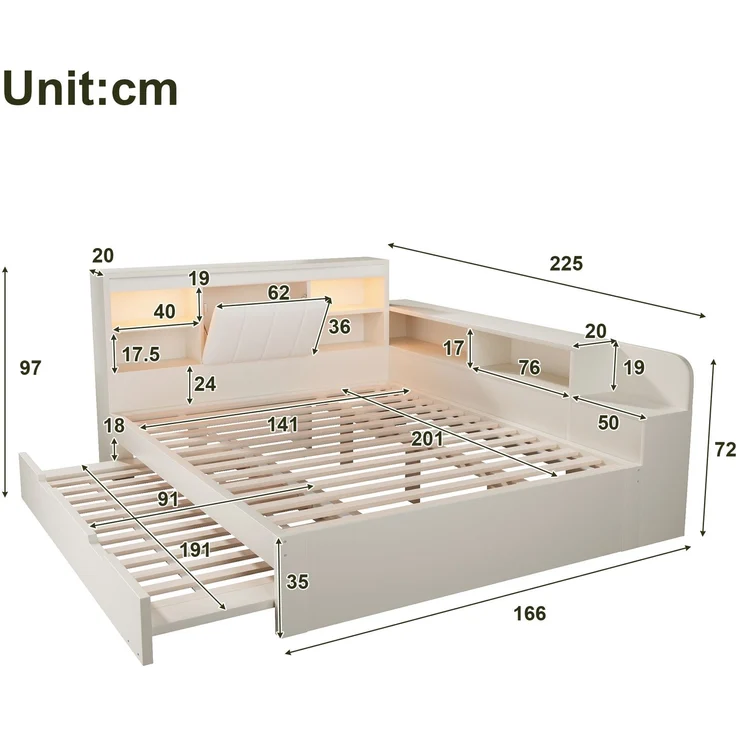 Ausziehbett 140×200 cm mit Zusatzbett 90×190 cm, gepolstertem Kopfteil, Weiß, ohne Matratze – Bild 5