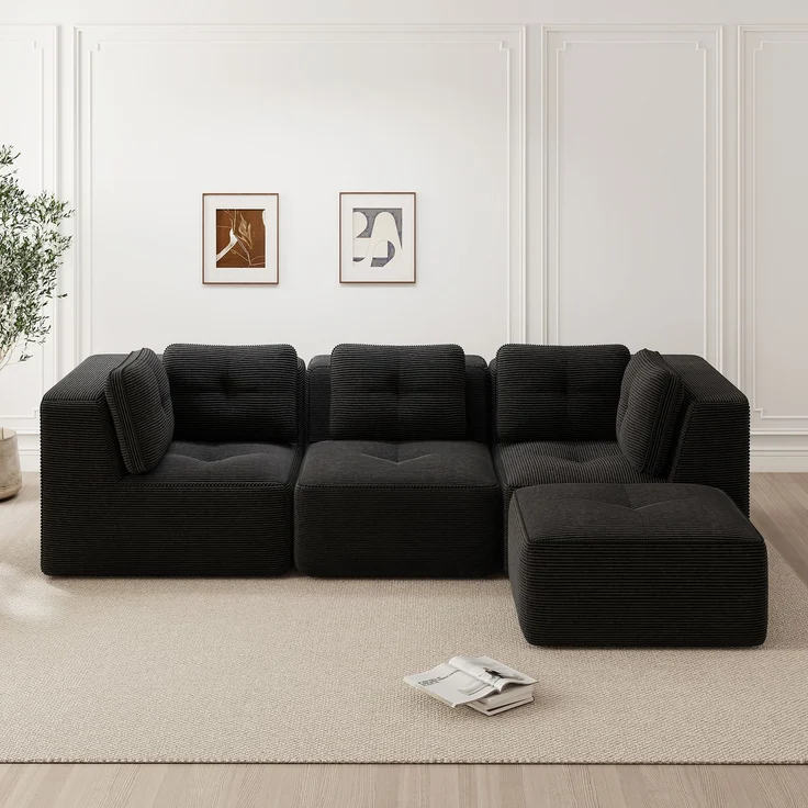 EINHOM Rahmenloses L-förmiges Ecksofa, modulares Ecksofa, Ecksofa mit Ottomane, modulares Cordsofa, Dreisitzer-Cordsofa mit tiefer Sitzfläche für das Wohnzimmer, kein Aufbau erforderlich, Schwarz – Bild 4