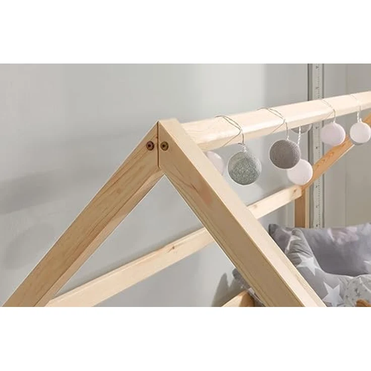 TiCAA Kinderbett Hausbett mit Tüll Kim 90x200 cm, 100x200 cm, 120x200 cm, 140x200 für Jungen & Mädchen, inkl. Rolllattenrost, Rausfallschutz variabel, Montessori Bett Natur aus Kiefer Massivholz – Bild 9