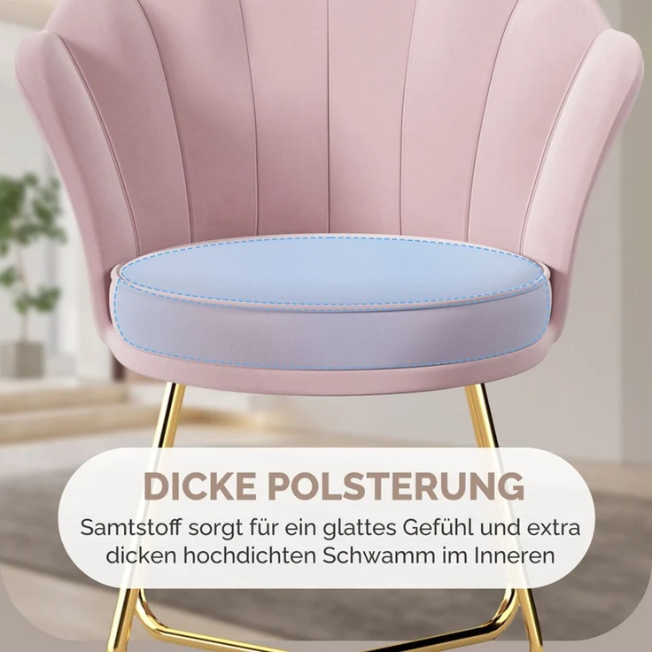 Hawthyhome Polsterstuhl Polstersessel 2er Set mit Blütenblatt-Rückenlehne, goldenen Metallbeinen, ergonomischer hoher Rückenlehne mit Kopfstütze, Wasserfall-Sitzkissen, SGS-zertifiziert & bis 150 kg belastbar, ideal für Esszimmer, Schminktisch & Wohnzi... – Bild 4