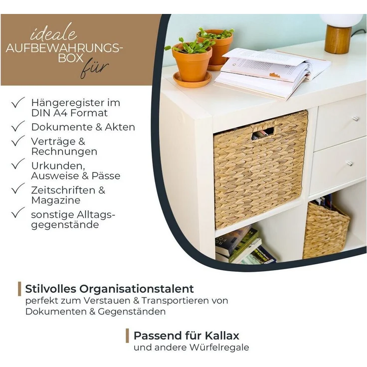 HMF Hängeregistraturbox Aufbewahrungskorb für DIN A4 Hängeregister, Korb aus Wasserhyazinthe, Regalkorb passend für Kallax, 33 x 38 x 32 cm – Bild 2