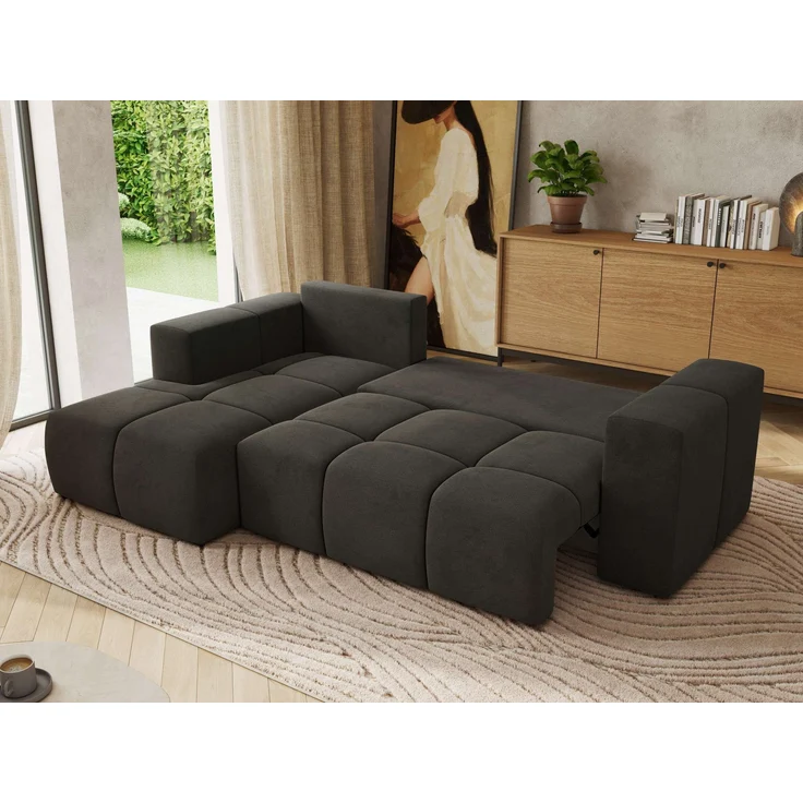 Ecksofa mit Schlaffunktion und Bettkasten, L-form Couch, lose Kissen, Polstersofa - MONIVA - Dunkelgrau Velours - linke Seite – Bild 3