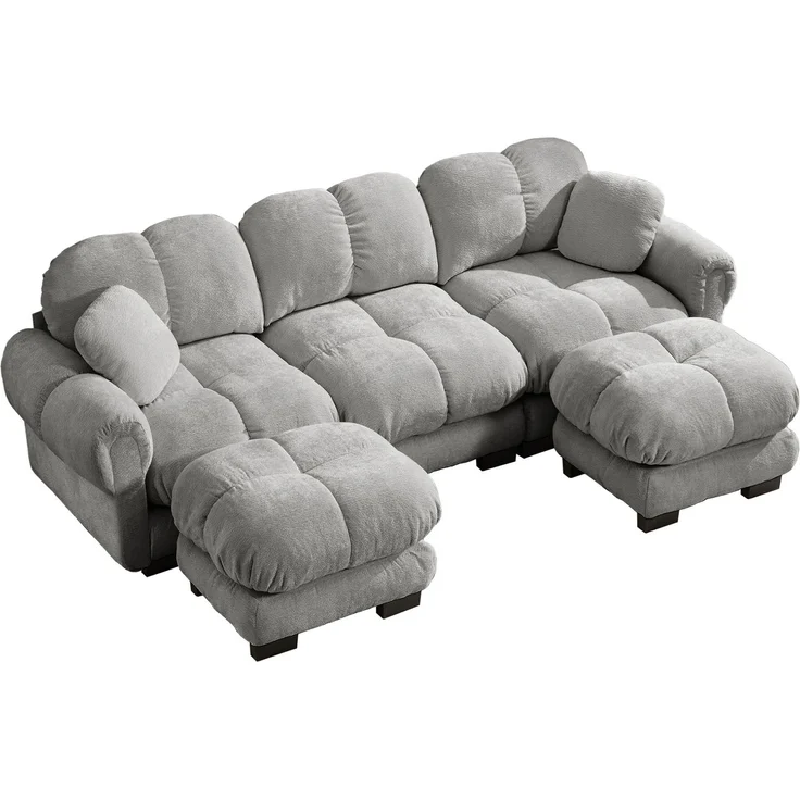 U-förmiges Sofa aus Chenille mit Steppdesign, flexible Module, 260x149x90 cm, Hellgrau – Bild 4