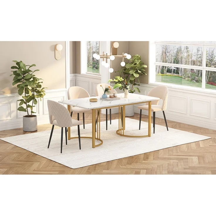 TavilaEcon Esstisch Multifunktionaler Esstisch mit modernem Marmor-Muster weiß 75 × 80 × 140 cm (H × T × B) – Modell WF314889AAW – Bild 2