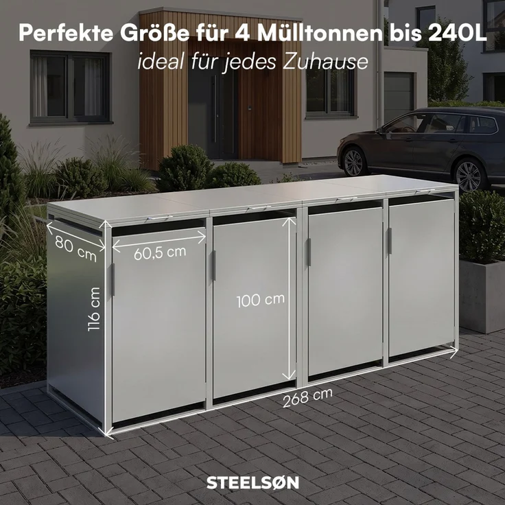 STEELSØN 'Thoria' Mülltonnenbox 4er je 240 Liter, grau, Mülltonnenverkleidung aus Stahl, wetterfest, 116x80x268 cm, Müllbox für 4 Tonnen – Bild 8