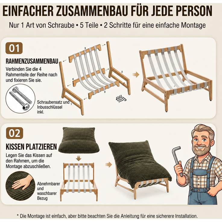 LVHOM XXL Relaxsessel mit Massivholz-Rahmen, Polstersessel Cord mit Memory-Schaum, ergonomischer Loungesessel, Fernsehsessel für Wohnzimmer, Grau – Bild 3