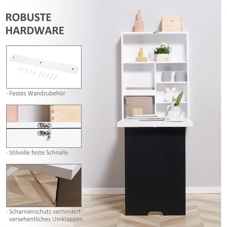 HOMCOM Klapptisch Wandklapptisch mit Tafel, 5 Fächern (Computertisch, 1-St, Klappschreibtisch), Weiß+Schwarz 60 x 94,5 x 147 cm – Bild 3