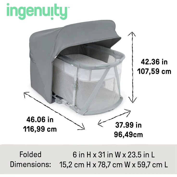 Ingenuity Dream Retreat 3-in-1 Tragbarer Stubenwagen und Spielplatz, einfache 3-stufige Faltung, inklusive Lichtblockierschirm für drinnen und draußen, UPF 50+, Matratze und Bettlaken, 0-36 Monate – Bild 6