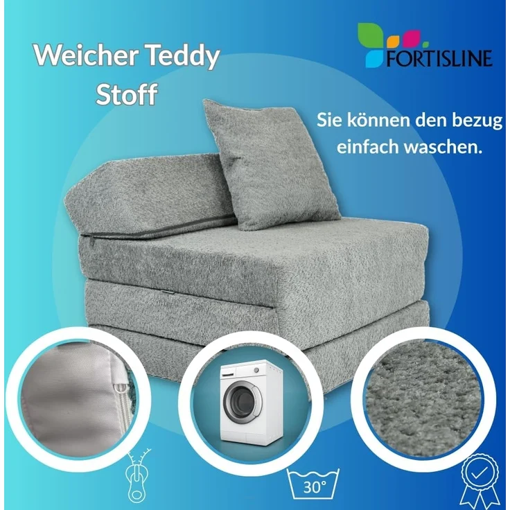 Klappmatratze Klappmatratze mit Kopfteil aus Teddy-Stoff (Boucl), FORTISLINE, Bezug waschbar. Zusammengeklappt als Sitzwürfel nutzbar – Bild 7