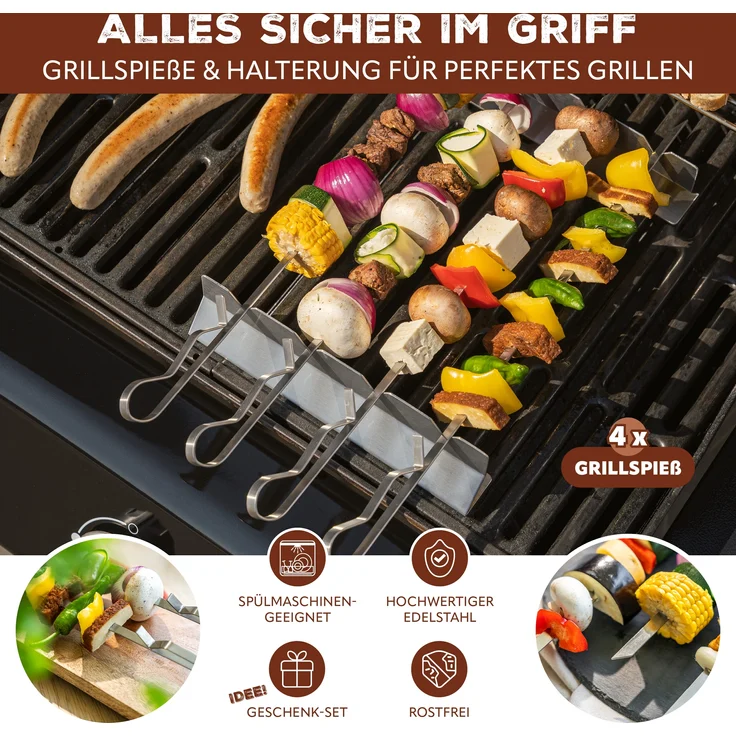 Grillspieße 4er-Set mit 2 Ablage-Gestellen, Grillspießhalter, aus Edelstahl – Bild 2