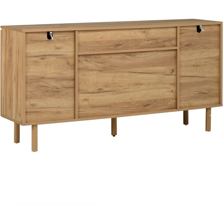 Sideboard 140 x 35 x 71 cm mit 4 Schubladen und 2 Lamellentüren, MDF in Naturholzfarbe – Bild 6