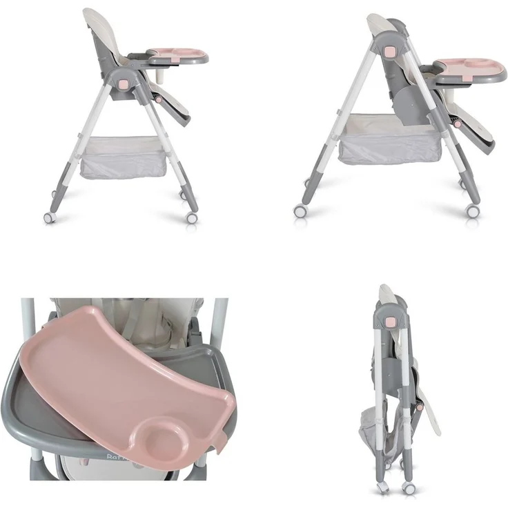 Moni Kinderhochstuhl Raffy klappbar 4 Räder, Rückenlehne verstellbar, Korb, Gurt rosa – Bild 4