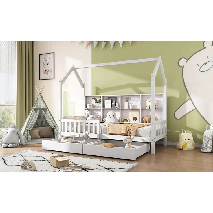 Merax Hausbett 90x200cm Kinderbett mit Mehrzweck-Bücherregal-Speichergitter-Kabinett Ablageregal und zwei großen Schubladen mit Stauraum und Kaminform, Weiß – Bild 6