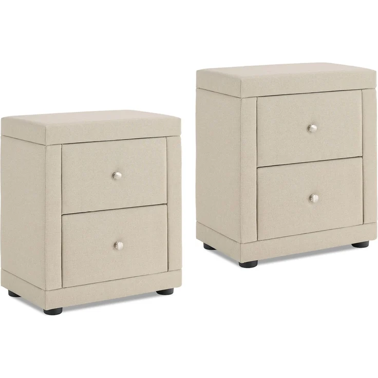 Nachtschrank 2er Set 2 Nachttische mit Schubladen Nachtkommode Beistelltisch Stoff Beige Schlafzimmer – Bild 1