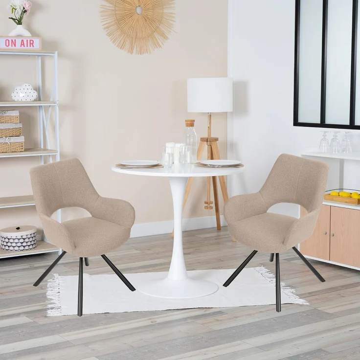MEUBLE COSY Esstisch mit 2 Esszimmerstühle, Essgruppen, 3er-Set, Runder Esstisch, Küchentisch mit 2 Essstühlen, Stahlgestell, für Esszimmer Küche Wohnzimmer, Weiß + Beige – Bild 1