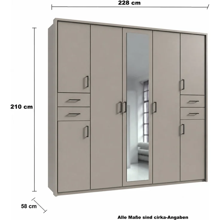 Drehtürenschrank Kleiderschrank 228cm Passep. Spiegel Beige Grau Griffe schwarz – Bild 8