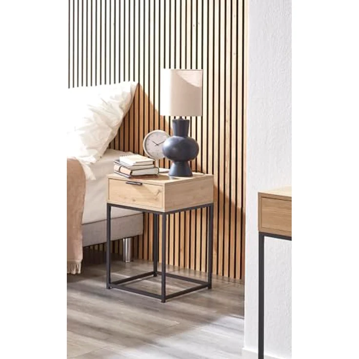 XXXL Nachtschrank Malmö, Schwarz, Eiche, Metall, 1 Schublade, 40x60x40 cm, Schlafzimmer Nachttisch – Bild 10