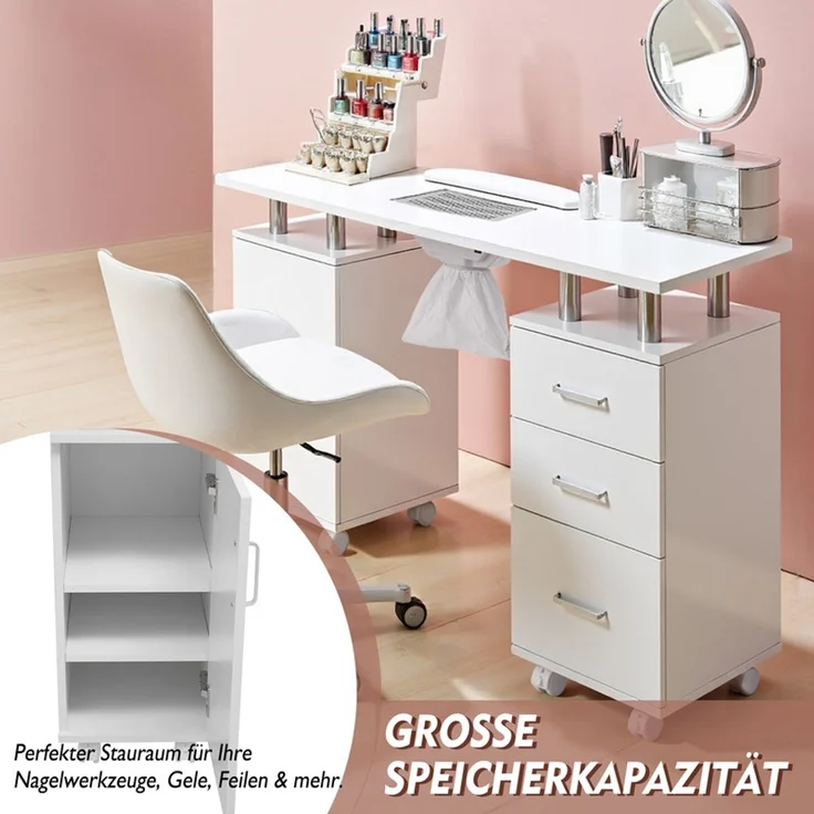 Home Nature Wohnkonzept Maniküretisch mit Absaugung 120 cm, Nageltisch mit 3 Schubladen, 1 Schrank & Rollen, mit Staubschutzabdeckung – weiß für Nagelstudio & Kosmetik – Bild 3