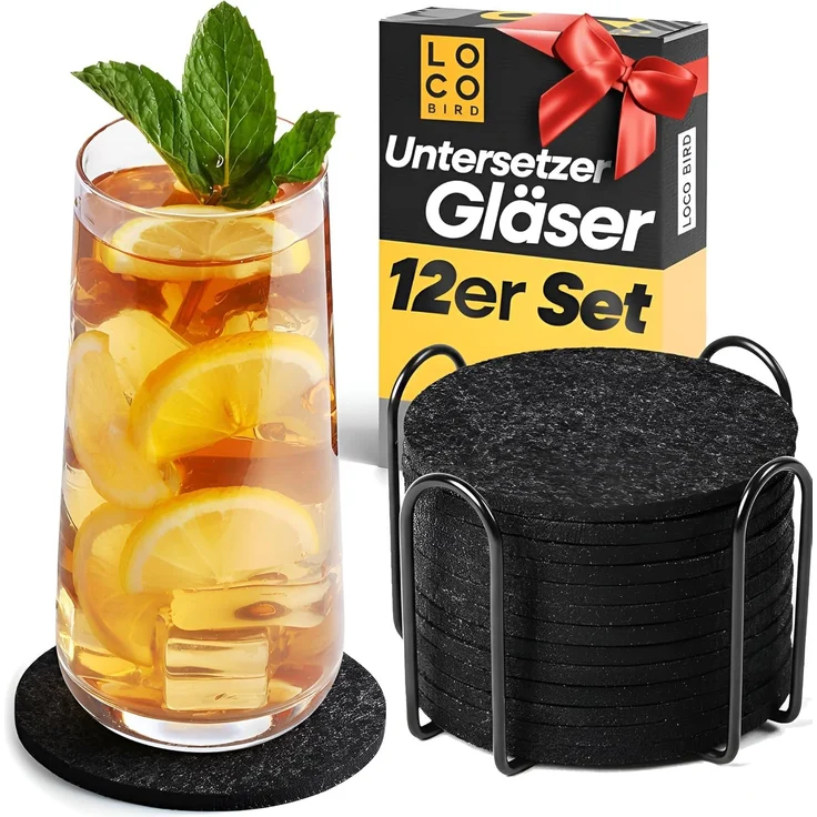Loco Bird Getränkeuntersetzer 12er Set inkl. Halterung rund aus Filz, Zubehör für Getränke, Tassen, Bar, Glas, Design Glasuntersetzer in dunkelgrau, Tischuntersetzer Filzuntersetzer – Bild 1