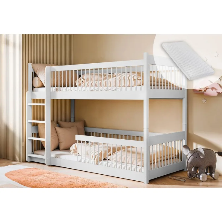 Kids Collective Kinderbett Hochbett Etagenbett 80x180, 90x190, 90x200 cm, umbaubar zu 2 Betten​ (mit abgerundeten Kanten), 80x180 cm von 3. bis 12. Lebensjahr, Weiß mit 2 Matratze​n