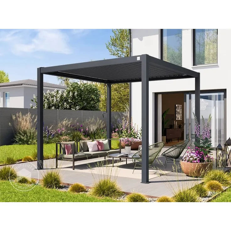 PRIMEYARD Pergola 3x3 m Aluminium-Pfosten mit Lamellendach aus Stahl anthrazitfarbeneTerrassenüberdachung