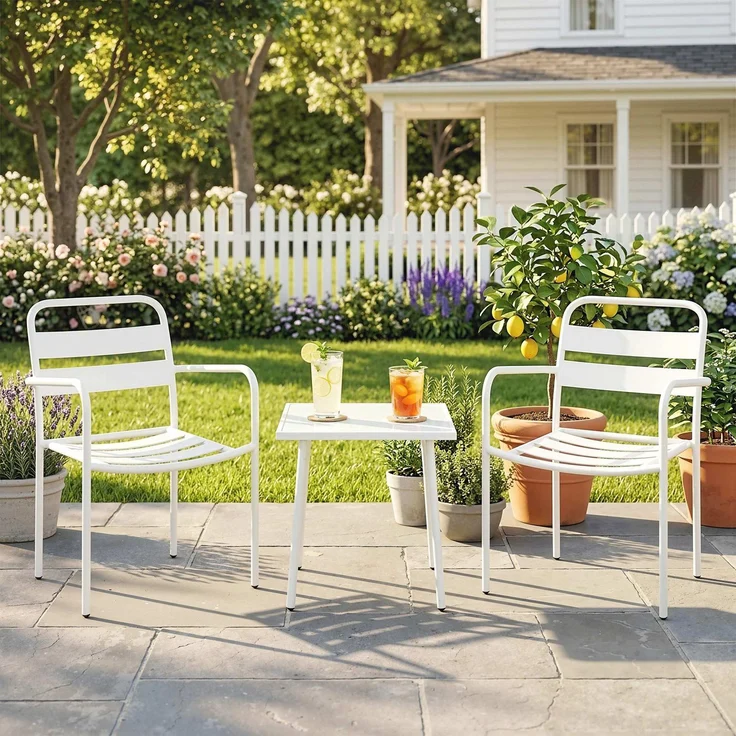 MELAYR, Bistroset 3 teiliges Metall Gartenmöbel-Set mit 2 Gartenstühlen, Glastisch, 55 x 58 x 82 cm, Weiß – Bild 3
