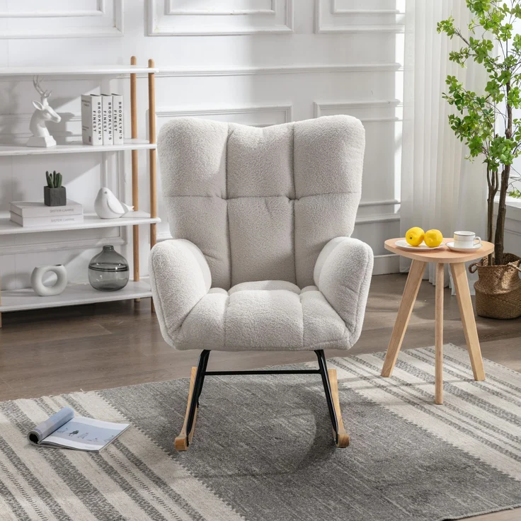 Teddy Weiß Schaukelstuhl mit Holzrahmen und Metallbasis, ergonomisch gepolstert, leises Design für Wohnzimmer & Schlafzimmer – Bild 2