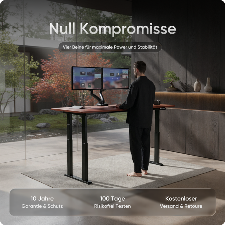 DESKSPACE Höhenverstellbarer Schreibtisch elektrisch mit leisem Dual-Motor – stabiles 4-Bein-Gestell (Schwarzes Gestell, Mahagoni Tischplatte, 140×70 cm) – Bild 2