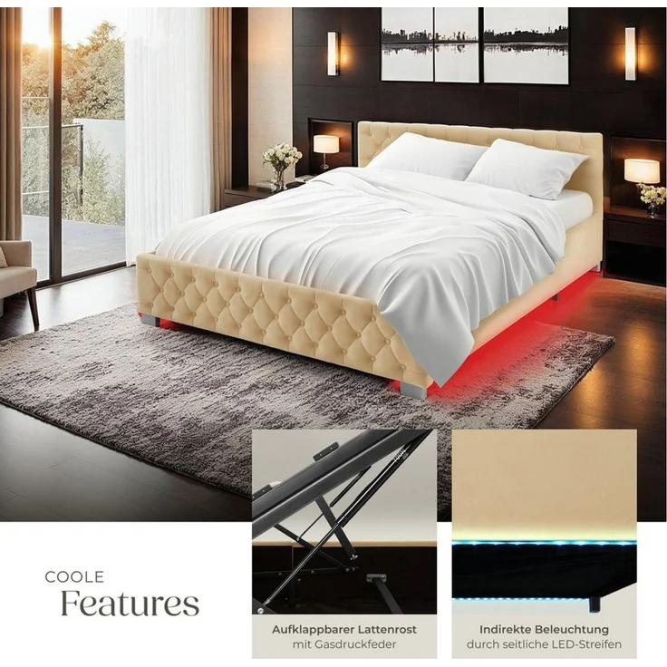 tectake Polsterbett Komfortbett mit LED-Leisten & Stauraum - Samtoptik mit Steppmuster (Bettset, in Beige), stabiler Stahlrahmen, Belastbarkeit 300 kg – Bild 3
