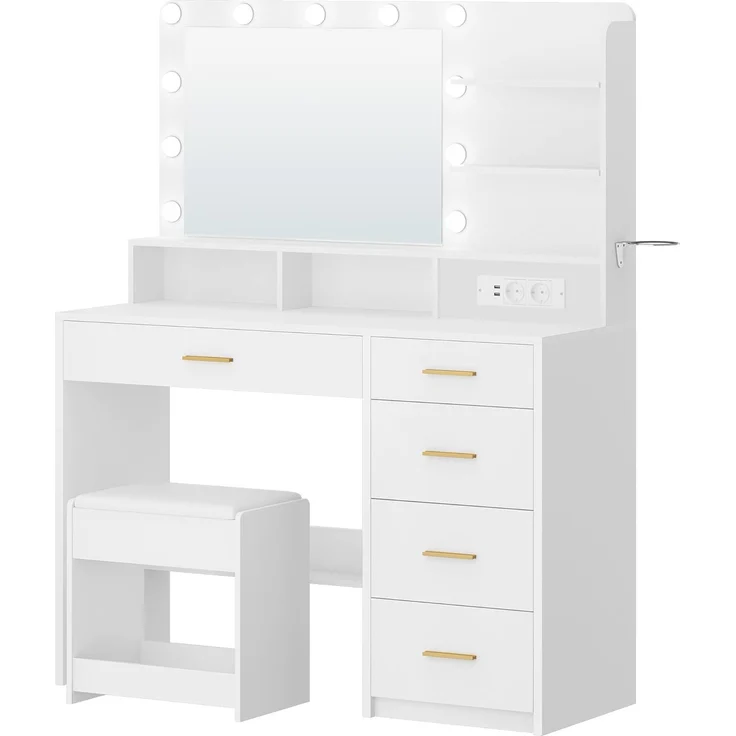 Schminktisch mit 10 LED-Beleuchtung, Hocker, Frisiertisch mit Große Spiegel, Schminktische mit Stecker, Und Haartrocknerhalter, Und Mehreren Schubladen, Weiß, 40 × 108 × 139cm – Bild 2