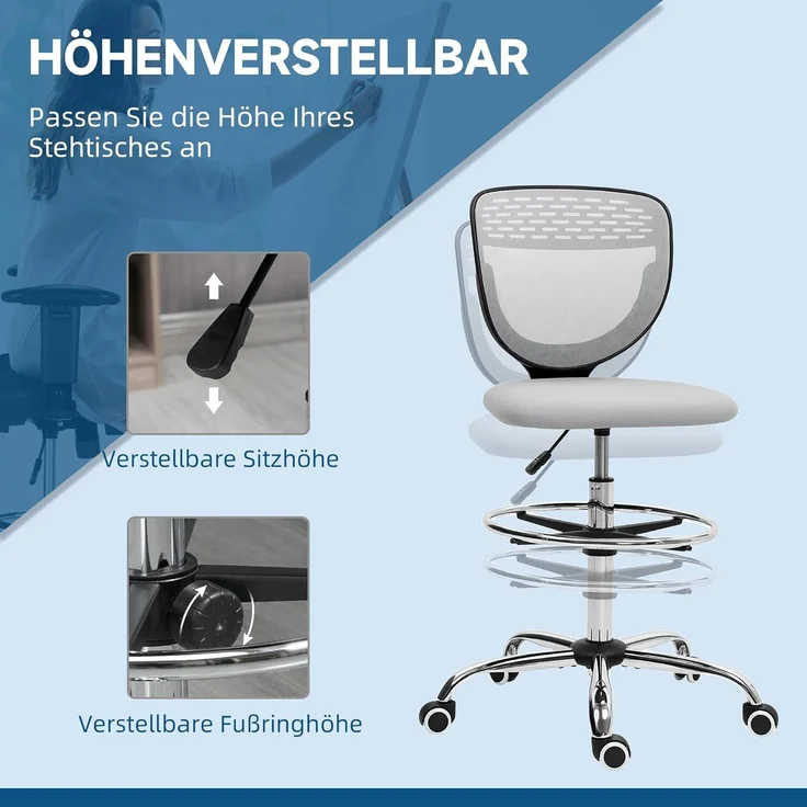 Vinsetto Bürostuhl Ergonomischer Schreibtischstuhl mit Verstellbarer Fußring, Höhenverstellbarer Computerstuhl mit Netzbespannung, Office Chair, Drehstuhl Hellgrau – Bild 5