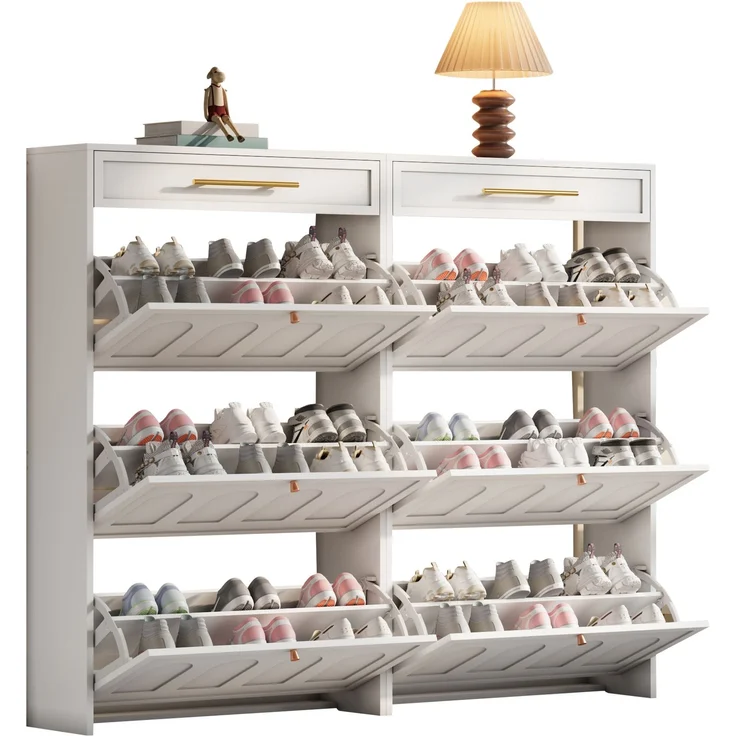 ZUBALIYA Schuhschrank (140 x 25 x 123,5 cm), 2 Schubladen, Verstellbare Einlegeböden, Stauraum für Flur und Eingangsbereich, Weiß – Bild 6