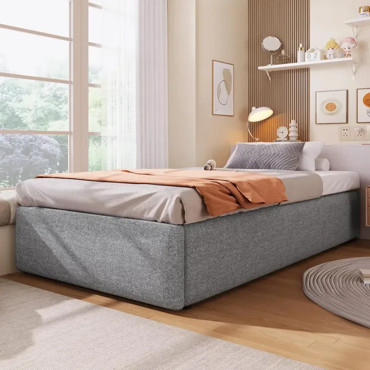 Futonbett mit Bettkasten, Lattenrost und Schublade, 90x200 cm, Bezug, Leinen – Bild 2