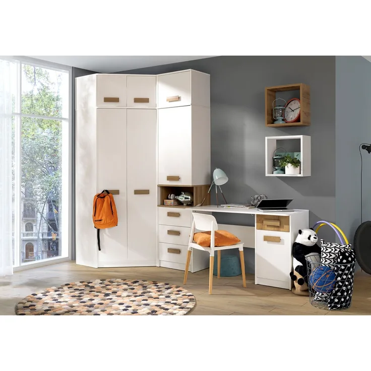 Marmex Möbel Grant Set-11 Jugendzimmer Komplett-Set 7-teilig mit Eckkleiderschrank, Kinderzimmermöbel mit Schreibtisch, laminierte Spanplatte, weiß+riviera Eiche