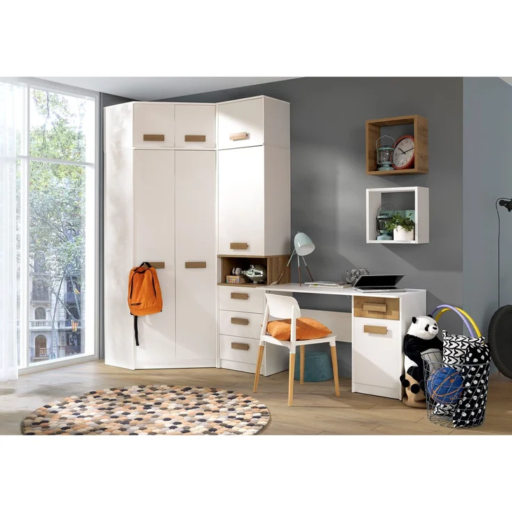 Marmex Möbel Grant Set-11 Jugendzimmer Komplett-Set 7-teilig mit Eckkleiderschrank, Kinderzimmermöbel mit Schreibtisch, laminierte Spanplatte, weiß+riviera Eiche – Bild 1
