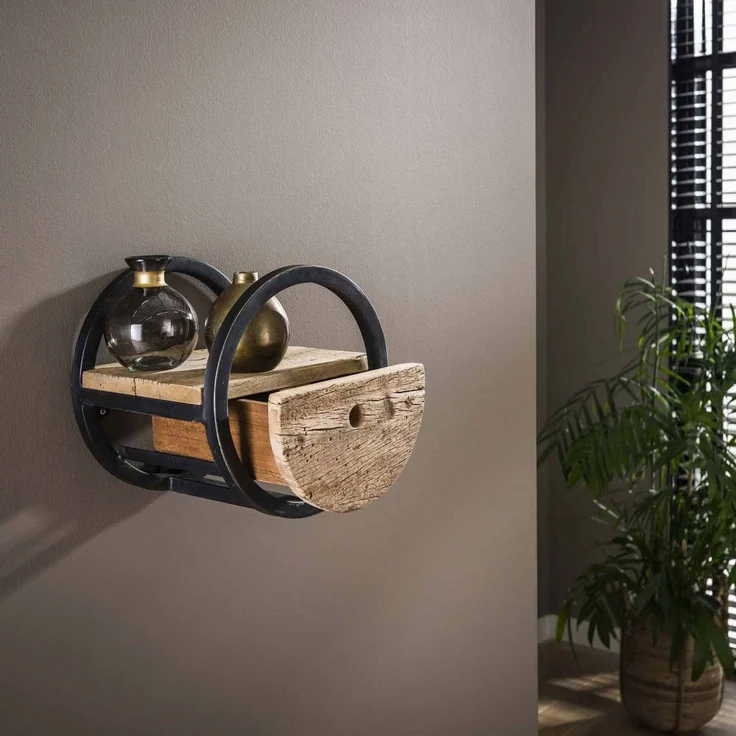 Wandregal Ronde aus massivem Hartholz, rundes Design mit Schublade, Natur, Ø 30 cm – Bild 2