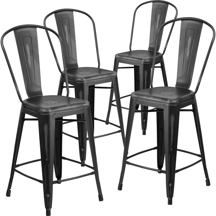Flash Furniture Blake Commercial Grade 4 Stück 61 cm hoher Hocker aus schwarzem Metall für drinnen und draußen mit Rückenlehne