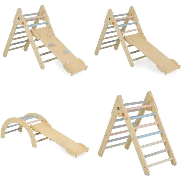 Moni Spielgerät Triangel 3 in 1 Holz Rutsche Kletterrampe Kletterwand Motorik braun – Bild 3