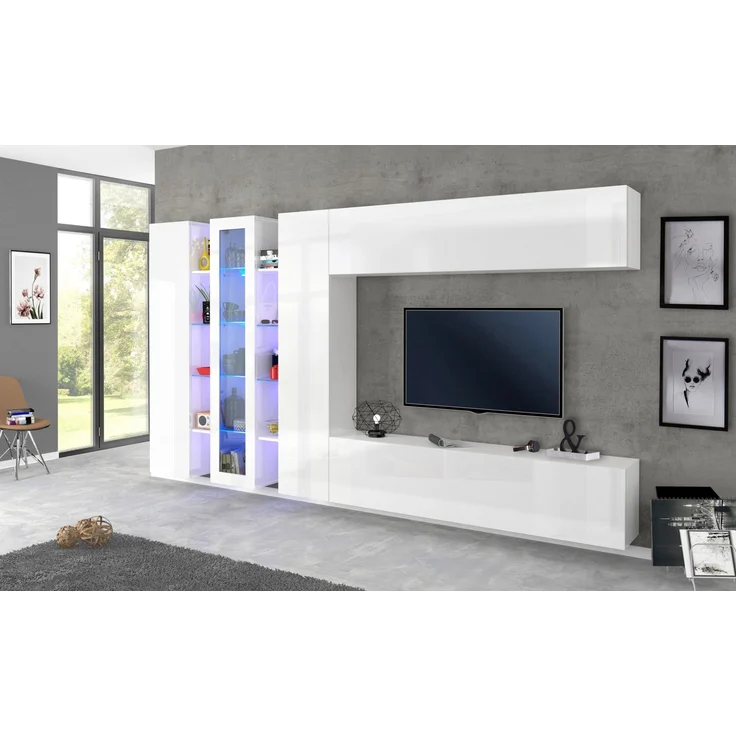 Wohnwand >Benevent< (7-teilig) in Weiß Hochglanz - 380x180x30 (BxHxT) – Bild 5