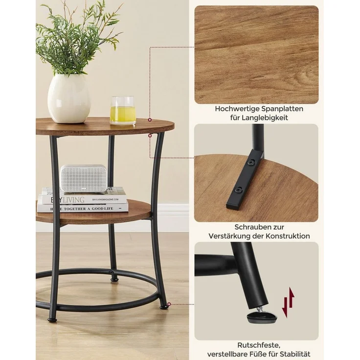 VASAGLE Beistelltisch, Couchtisch rund, Sofatisch, 2 Ablagen, Wohnzimmer, Schlafzimmer, einfacher Aufbau, Stahlrahmen, Industrie-Design, walnussbraun-tintenschwarz – Bild 3