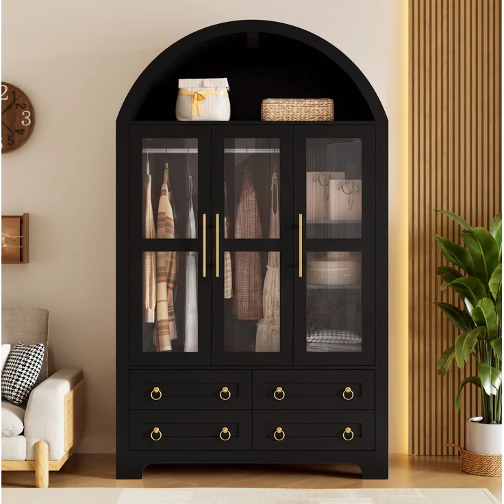 Kleiderschrank 110x50x186 cm mit 3 Glastüren, 4 Schubladen und App-steuerbarer LED-Beleuchtung – Schwarz – Bild 1