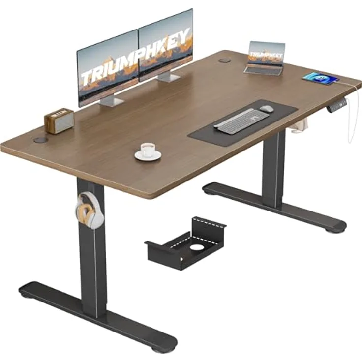 TRIUMPHKEY Höhenverstellbarer Schreibtisch 140x70, 18mm Tischplatte & USB-A | Schreibtisch Höhenverstellbar mit 3 Memory-Steuerung,Sitz‑Erinnerung & Kabelmanagement, Computertisch,Standing Desk,Walnuss