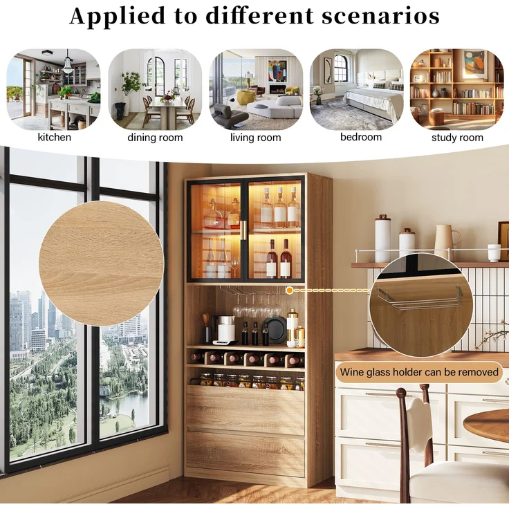 Badezimmerschrank,Spirituosenschrank,Vitrine Vitrinenschrank mit Glastüren und Beleuchtung 180 CM--Natürlich1--80x40x180cm--YOUDENOVA – Bild 9