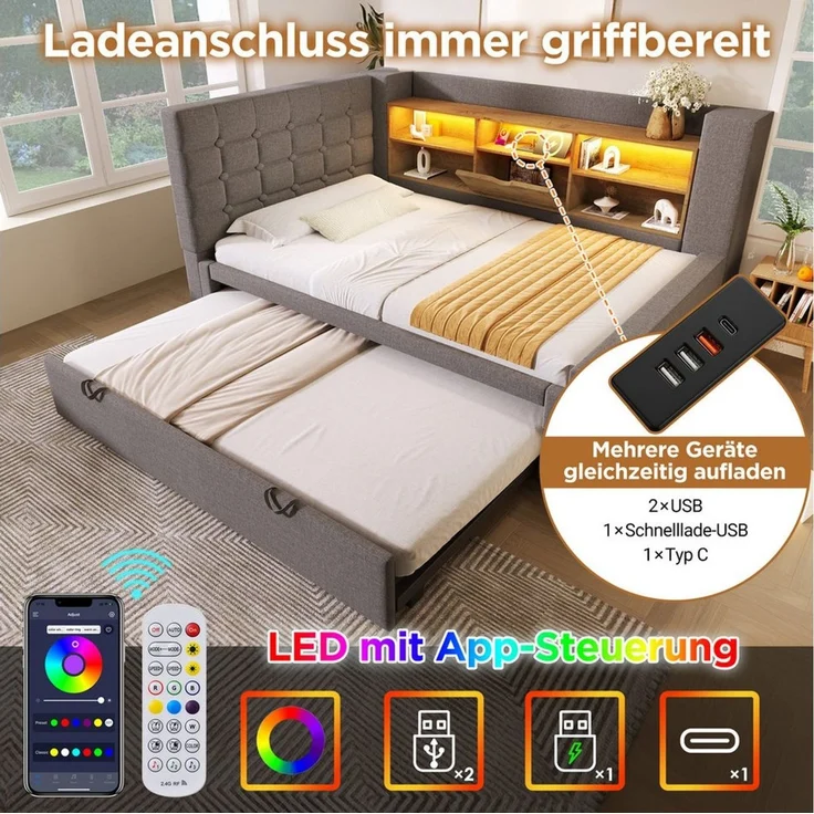 Odikalo Schlafsofa Schlafcouch 90x200 mit LED Ausziehbett und Stauraum, Polsterbett Bett 90x200 cm mit Ausziehbett 90x190, und LED-Beleuchtung,Struraumbett, L-förmigem Kopfteil mit Stauraum, beidseitig montierbar, Lattenrost, Leinen, (Ohne Matratze) – Bild 3