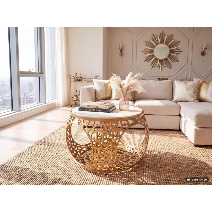Couchtisch 60cm Aluminium Gold mit weißer Marmor Tischplatte - Runder Wohnzimmertisch mit Stauraum - Design Sofatisch - Moderner Loungetisch - Edler Beistelltisch Wohnzimmer Handgefertigt – Bild 4