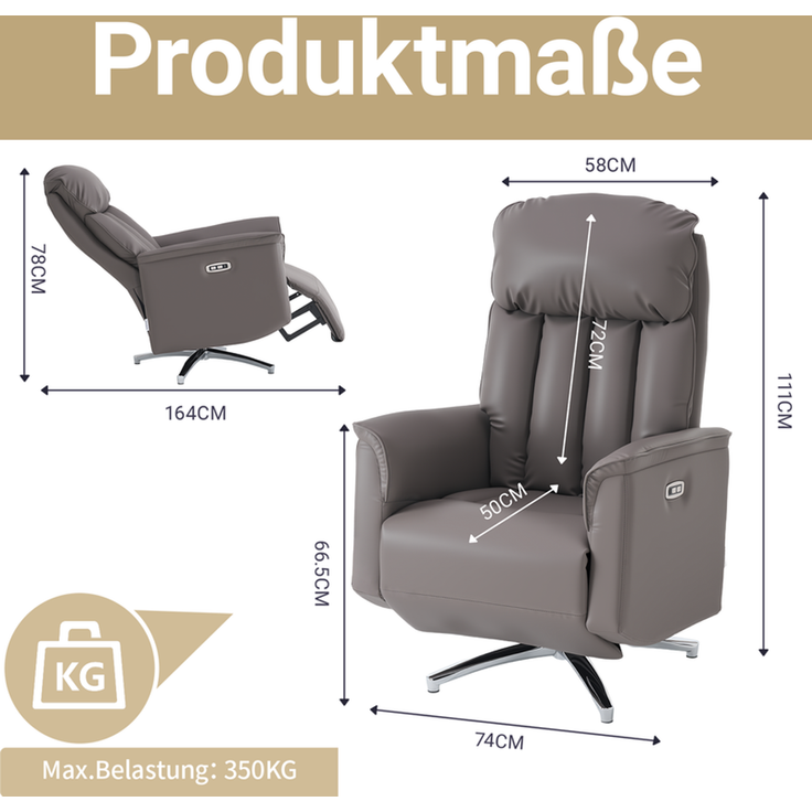 HOME NATURE WOHNKONZEPT Elektrischer Relaxsessel mit USB-Anschluss, elektrisch verstellbarer TV-Sessel mit Liegefunktion, Kunstleder Braun, bis 350 kg, FT9202 – Bild 2
