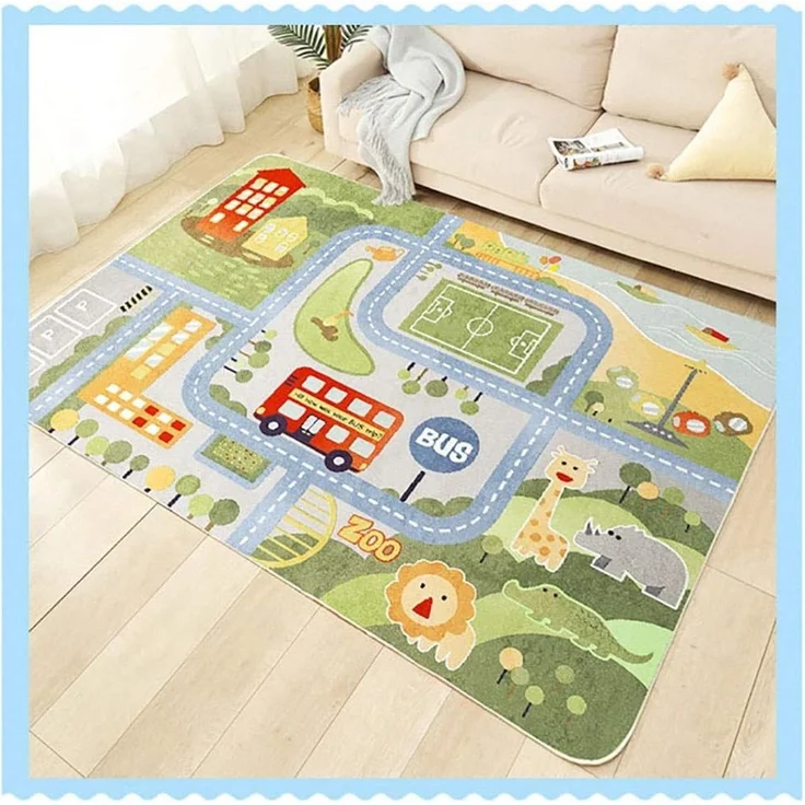 TYKTZXY Kinderteppich Spielen Teppich Straße Auto Tier Universum Blau Grün Grau(80×160cm,31×63inch) – Bild 6