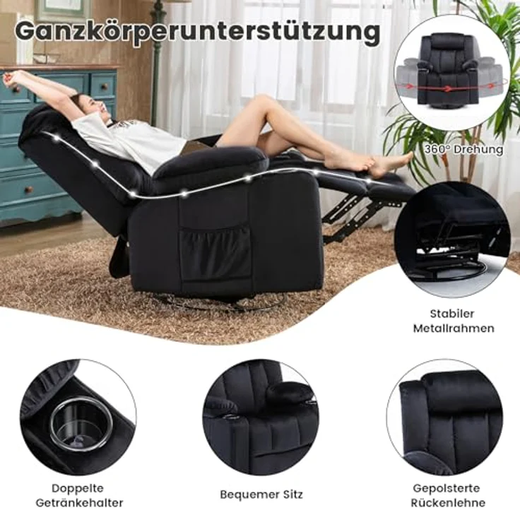 COMHOMA Manueller Drehbarer Relaxsessel für Erwachsene mit Verstellbarer Rückenlehne und Fußstütze, 360° Lounge Sessel für Wohnzimmer, Weicher Stoff, Ergonomisch, Schwarz – Bild 4