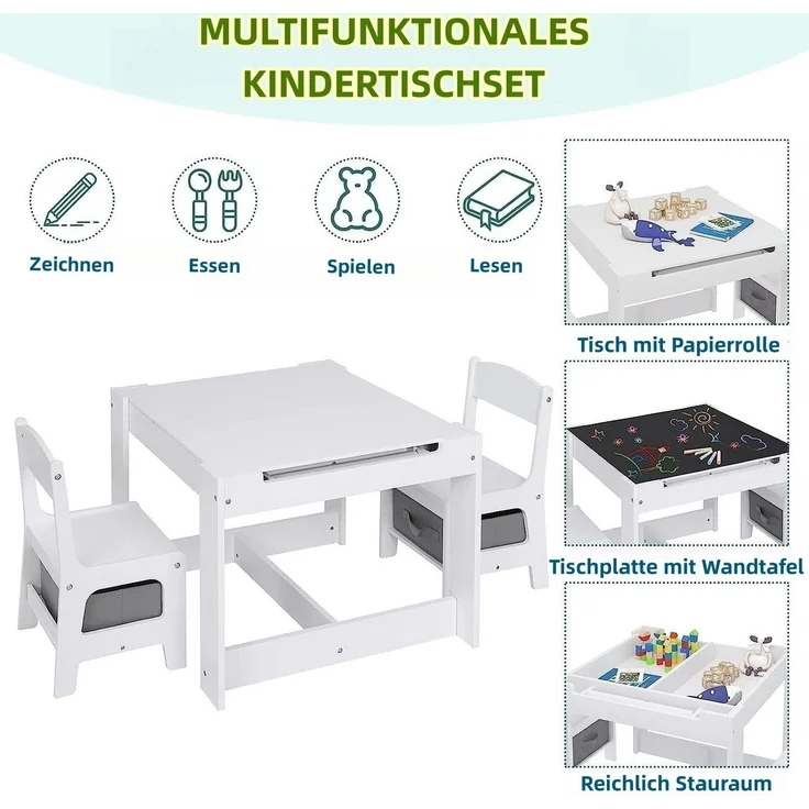 EUGAD Kindersitzgruppe, (3-tlg), mit Tafel und Papierrolle, Stauraum, Weiß – Bild 3