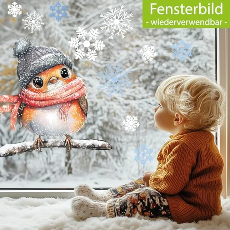 Sunnywall Fensterdekoration Kinderzimmer Fensterbild Winter Rotkehlchen Robin, wiederverwendbar, statisch haftend, beidseitiger Druck, nachhaltig – Bild 3